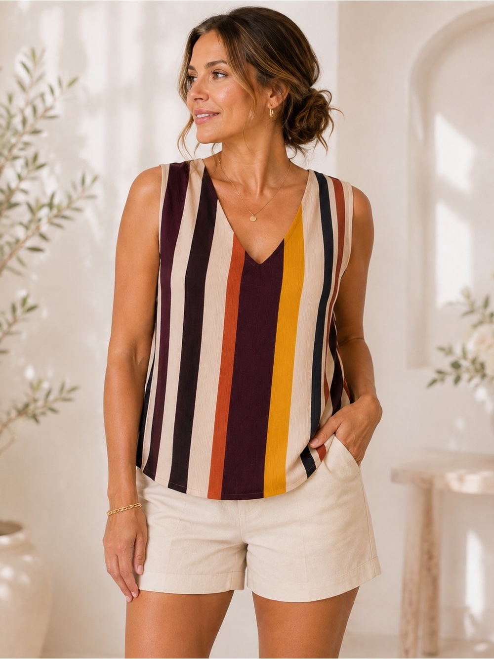 •Colori Purple Mustard Orange Striped V-Neck Sleeveless Top | Medium
